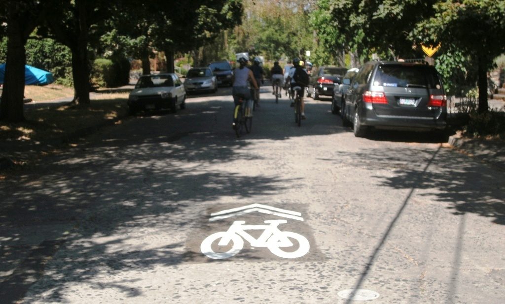 Typical sharrows on a quiet cycling route in Portland, Oregon