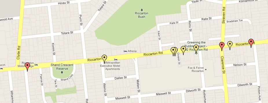 Riccarton Rd dooring hotspot (red=serious injury, yellow=minor)