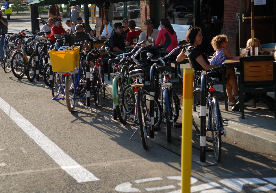 A "Bike Corral" from Portland, Oregon - a much more efficient form of customer parking (c/ Bike Portland)